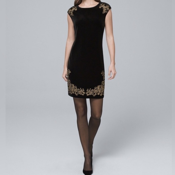 White House Black Market Embroidered Black + Gold
Velvet Mini Shift Dress Sz SP - Picture 1 of 8